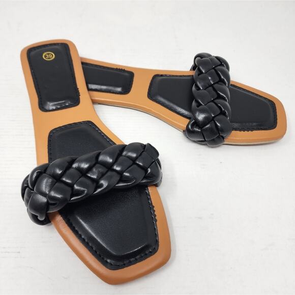 Black Women's Slides Flat Sandals Braided Open Toe Mules Slip on Size 39/ 8 New - Picture 4 of 8